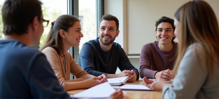 Adult migrants and international students in a conversational English language session in Dublin
